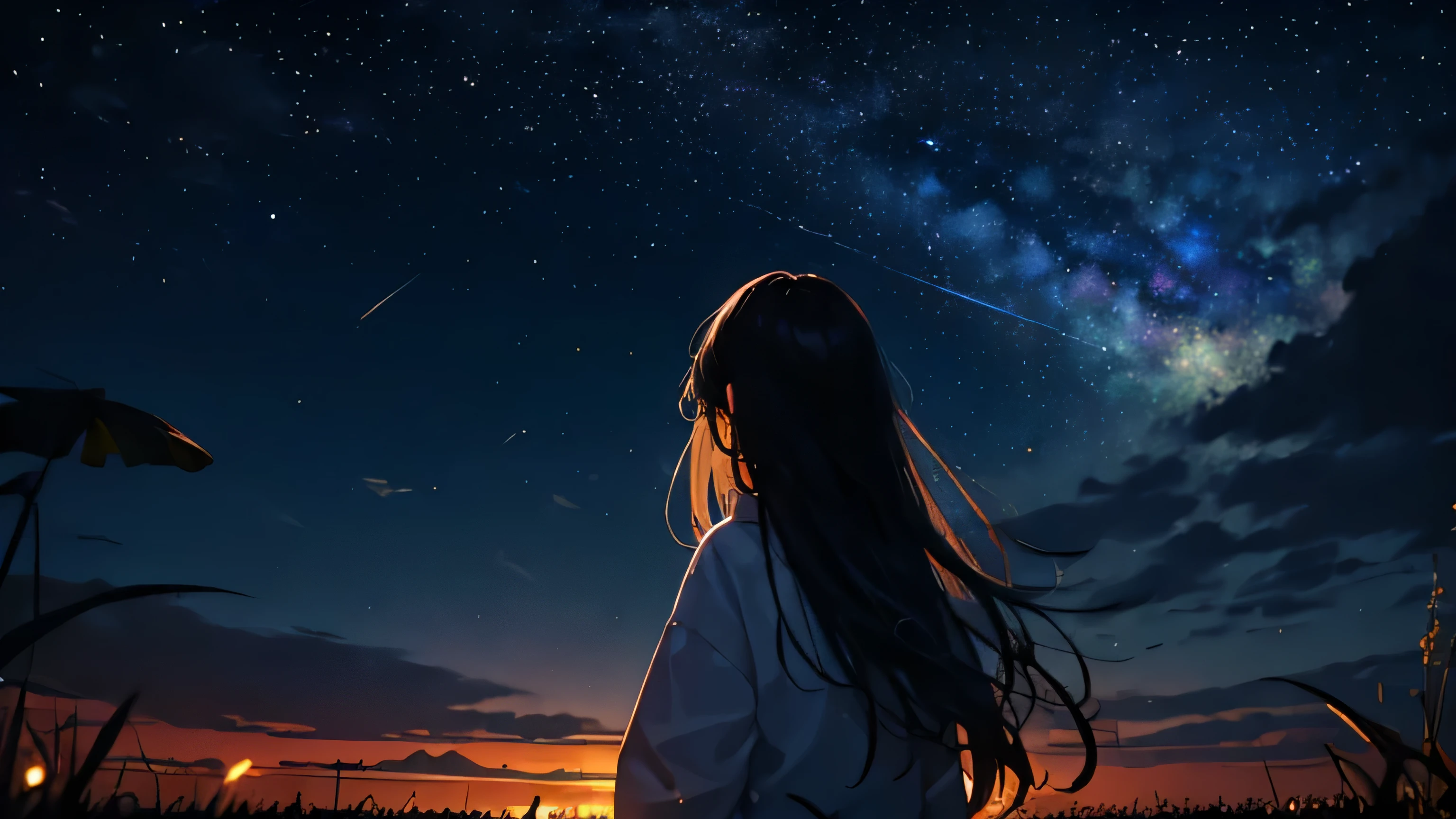 1girl, staring at the sky, long hair, cosmic sky, shooting stars, gazed to the sky, meadow, fireflies, masterpiece