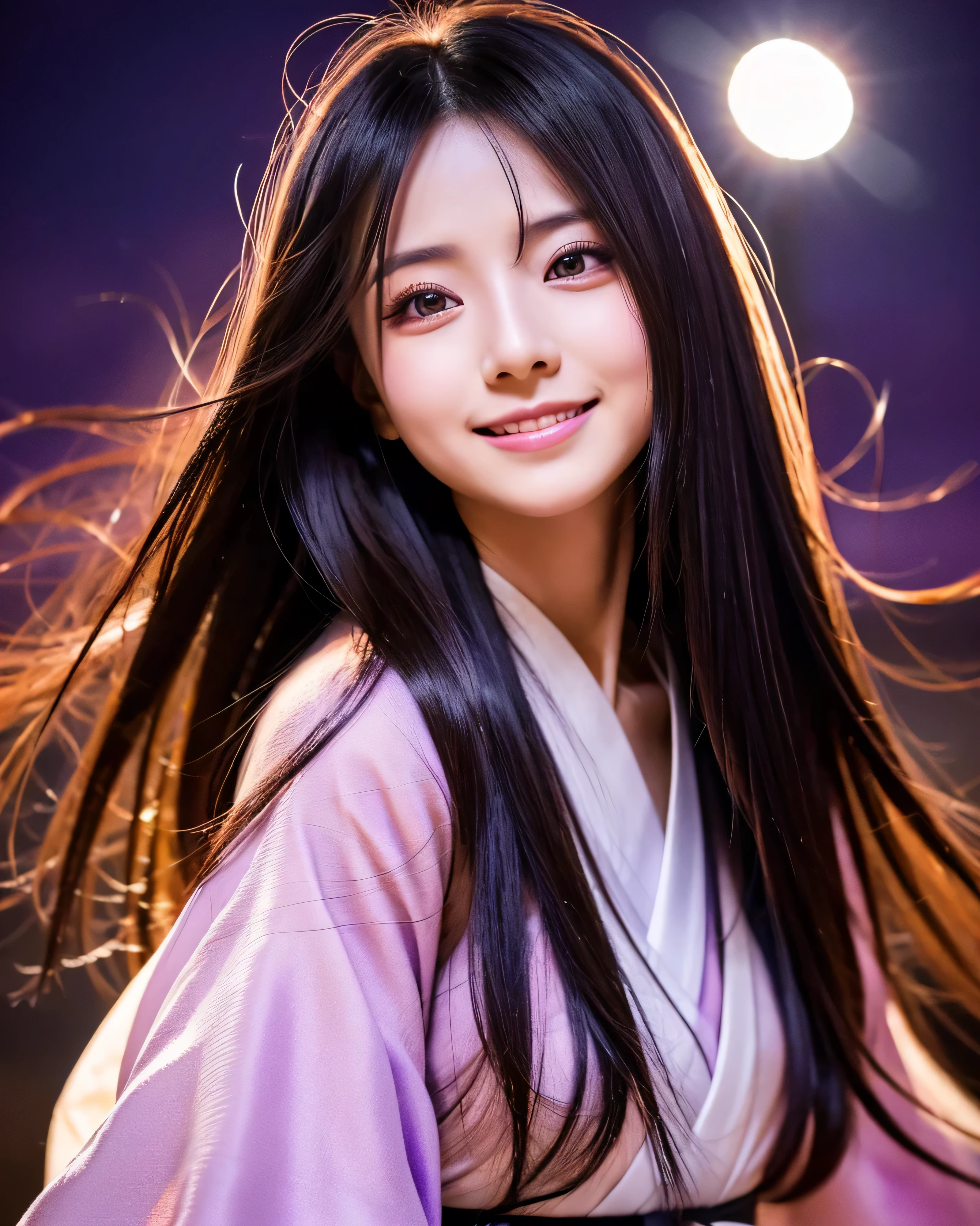 日本の美New女性 Detailed dark hair with intricate colors Long straight hair hair blowing in the wind big magical eyes Natural makeup god々New Lonely smile Miko costume 美New泉の上に立っている purple sky professional lighting Professional photographer