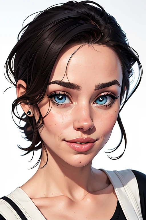 (cartoon style:1.2), Drawings of ([Rachel McAdams]), portrait, wearing black t-shirt, short skirts, perfect eyes, detailed face, white background, fun posing, flirty look, Centered, scale to fit the dimensions