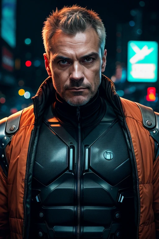 Cyberpunk photo, middle-aged man, cyborg, facial implants, muscular body, mechanical body, mechanical arms, mechanical skeleton, rusty armor, neon background, dark background, eye contact, looking at viewer, masterpiece, best quality, perfect detail  , perfect face detail, perfect eye detail, perfect skin detail, depth of field, perfect lighting