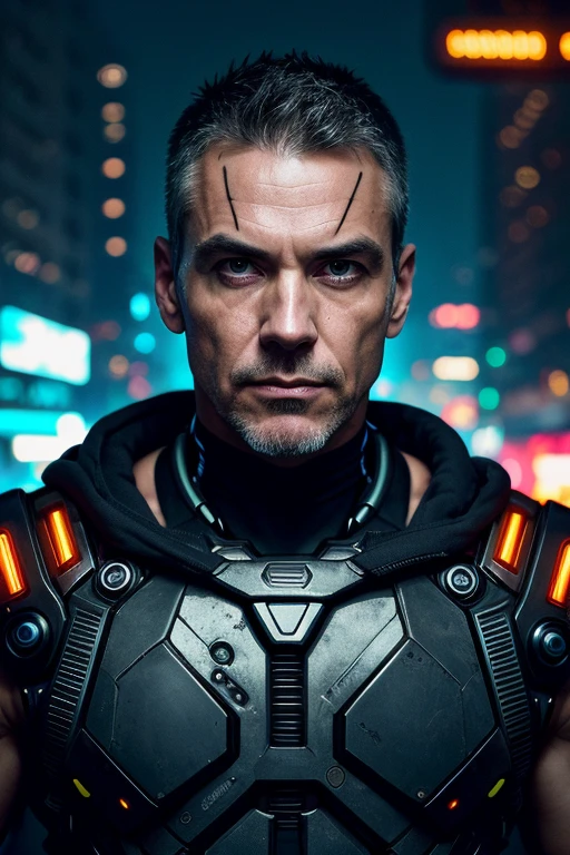 Cyberpunk photo, middle-aged man, cyborg, facial implants, muscular body, mechanical body, mechanical arms, mechanical skeleton, rusty armor, neon background, dark background, eye contact, looking at viewer, masterpiece, best quality, perfect detail  , perfect face detail, perfect eye detail, perfect skin detail, depth of field, perfect lighting