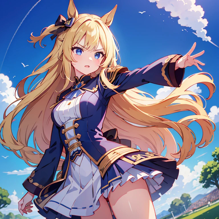 masterpiece, highest quality, very detailed, anime, girl, horse ears, blonde, young face, he is short, , very small breasts, long hair, umamusume, blue eyes, Gorgeous purple and navy costume with lots of luxurious accessories, Turf Course, sprinting at full speed, serious expression, Glaring ahead, wave both hands back and forth, wave your left hand forward, swing the right hand back,