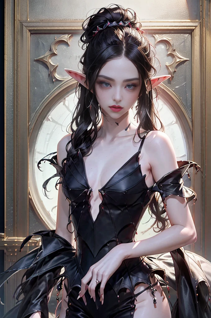 A goth pin picture (Elf: 1.4) as a sadistic queen (best details, masterpiece, best quality :1.5), Super detailed face (best details, masterpiece, best quality :1.5), Hyper-feminine (best details, masterpiece, best quality :1.5), Wearing black strappy underwear, black thong, small thong, Elf耳朵, long braids, comb hair back, blond, Modern bedroom background (best details, masterpiece, best quality :1.5), Super real pictures , best details, best quality, 16k, [Super detailed], masterpiece, best quality, (Very detailed), super wide shot, photorealism, depth of field, hyper-realistic