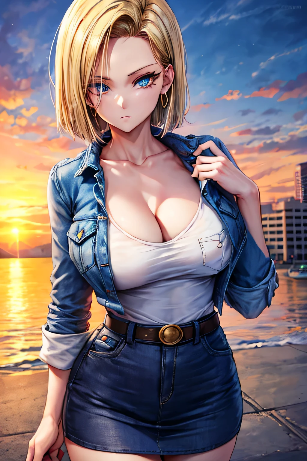 android 18, android 18, blonde hair, blue eyes, eyelash, hoop earrings, short hair, earrings, break belt, black legwear, black shirt, breast pocket, cleavage, clavicle, denim, denim skirt, high-waist skirt, jewelry, long sleeve, pocket, shirt, shirt tucked in, skirt, striped, striped sleeves, waistcoat,, break outdoors, city, null, cloud, sun, break looking at viewer, (cowboy shot:1.5), break (masterpiece:1.2), highest quality, High resolution, unity 8k wallpaper, (figure:0.8), (beautiful and fine eyes:1.6), highly detailed face, perfect lighting, Very detailed CG, (perfect hands, perfect anatomy)