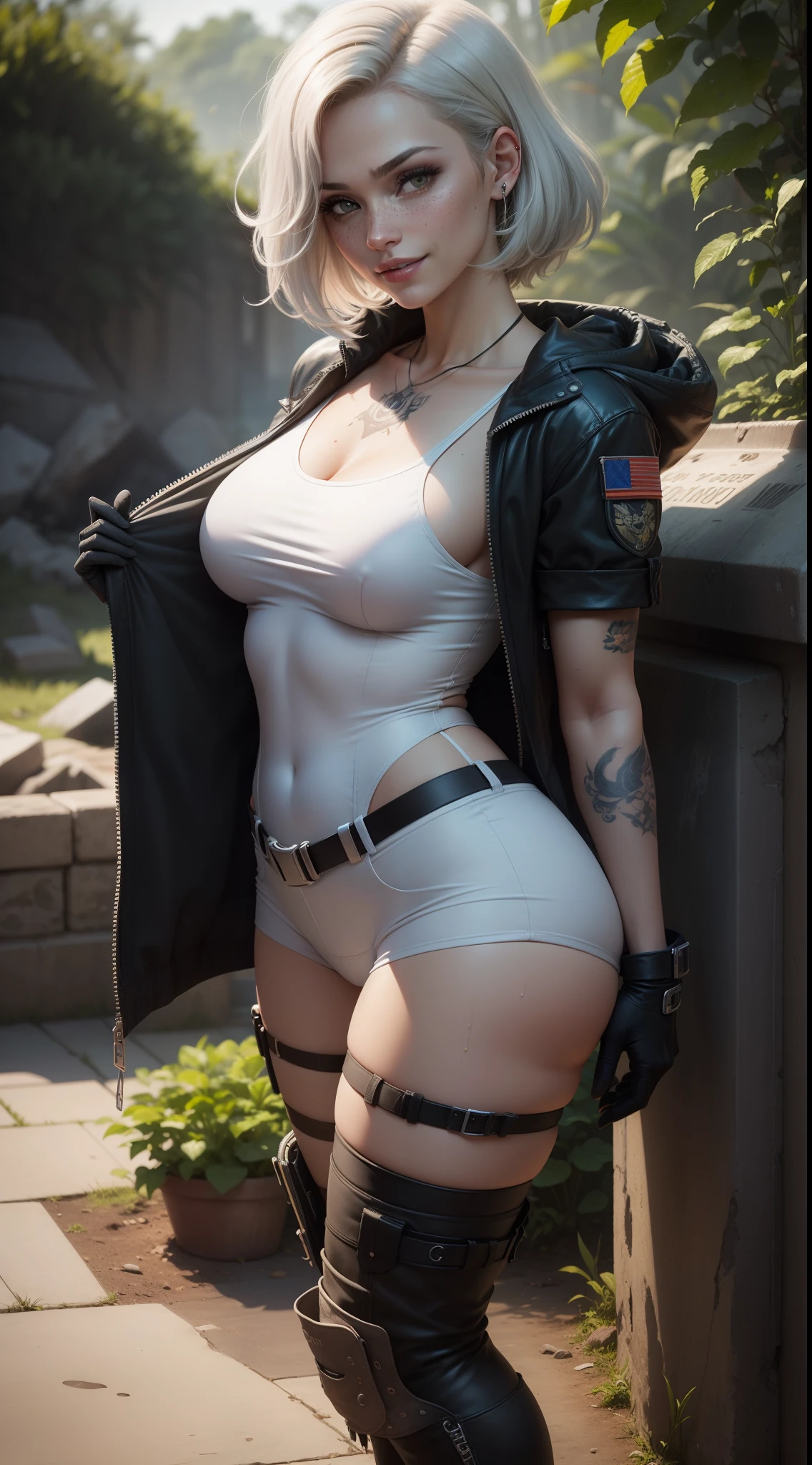 gwen tennyson,yorha 2b,lara croft,jill valentine,overwatch,tomb raider,close up, amazonian jungle ruins,tattoos,white and orange plugsuit,white short sleeve military leotard,sleeveless military hoodie,cargo shorts,military harness,short punk hair,punk makeup,green eyes,multicolored silver hair, military gloves,sexy smile,freckles,beautiful girl,thigh high military boots,large breasts, 8k,ultra detailed,realistic,fantasy art,fighter stance, military uniform,hair pin,ear piercings,(weather:windy),1girl,military gear,wet shirt,