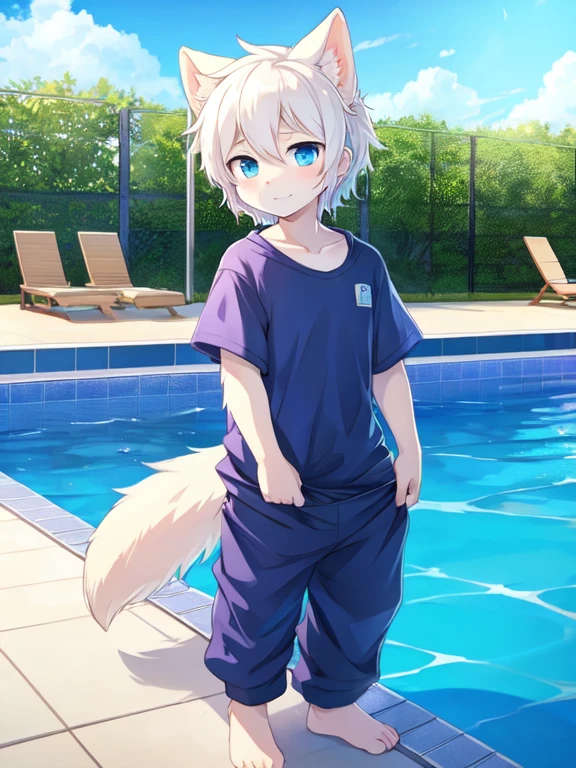 swimming pool，boy，baggy clothes，wet clothes，wet fur，blue eyes