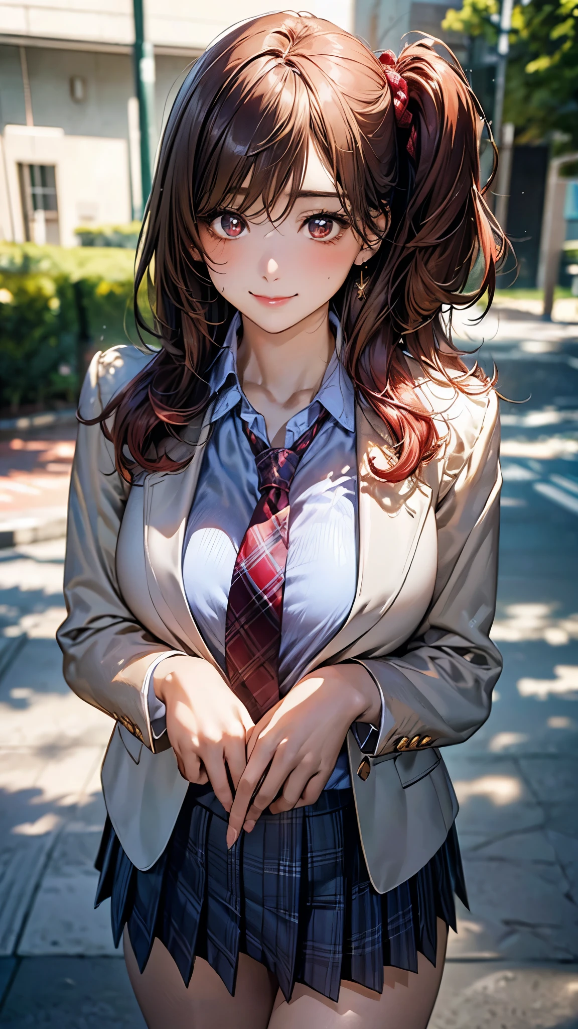 (masterpiece:1.2, top-quality), (realistic, photorealistic:1.4), beautiful illustration, (natural side lighting, movie lighting), 
looking at viewer, cowboy shot, front view, 1 girl, japanese, high school girl, perfect face, cute and symmetrical face, shiny skin, 
(middle hair:1.2, (two side up:1.2), light brown hair), gold eyes, (large breasts:0.6, seductive thighs), 
beautiful hair, beautiful face, beautiful detailed eyes, beautiful clavicle, beautiful body, beautiful chest, beautiful thigh, beautiful legs, beautiful fingers, 
(((navy blazer, close blazer), white blouse shirt, light blue plaid pleated skirt, red ribbon tie), red hair ribbon), 
(beautiful scenery), evening, riverside, walking, (lovely smile, upper eyes), 