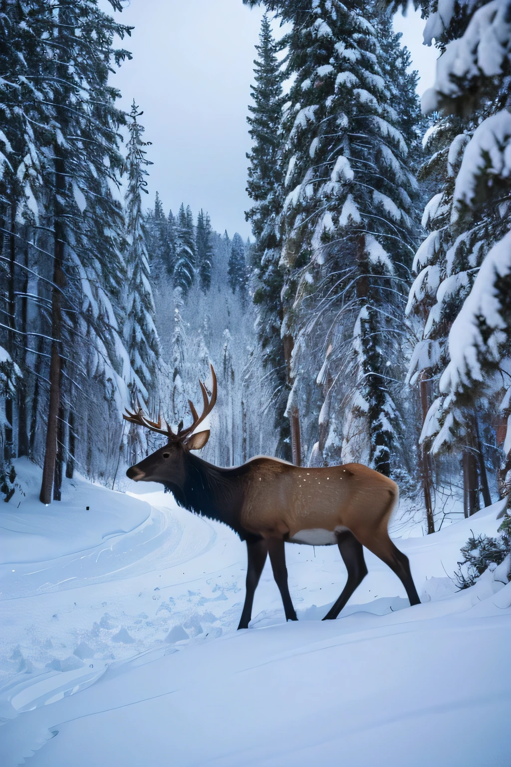 Elk in winter snow forest