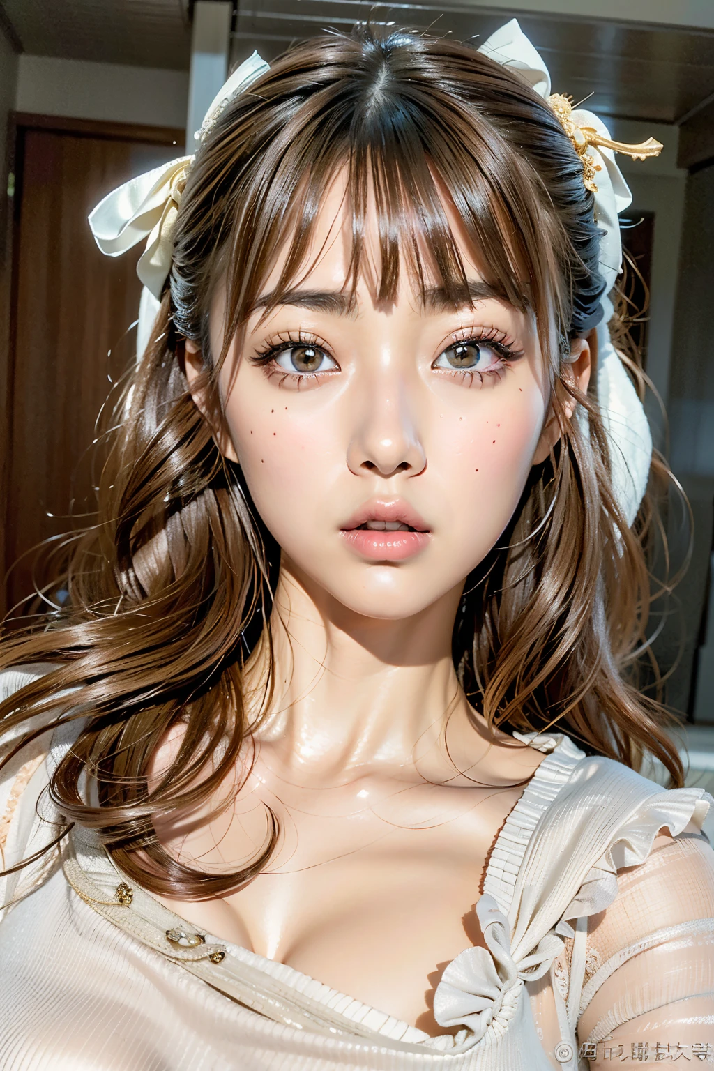 Hay una mujer con un lazo en la cabeza posando para una foto, retrato realista kawaii, linda cara de anime natural, ulzzang, joven y adorable rostro coreano, maquillaje popular de corea del sur, maquillaje coreano popular, peinado kawaii, preciosa cara delicada, brown hair and big eyes, linda chica kawaii, cara linda y clara, Lalisa Manobal, chica linda-cara-fina
