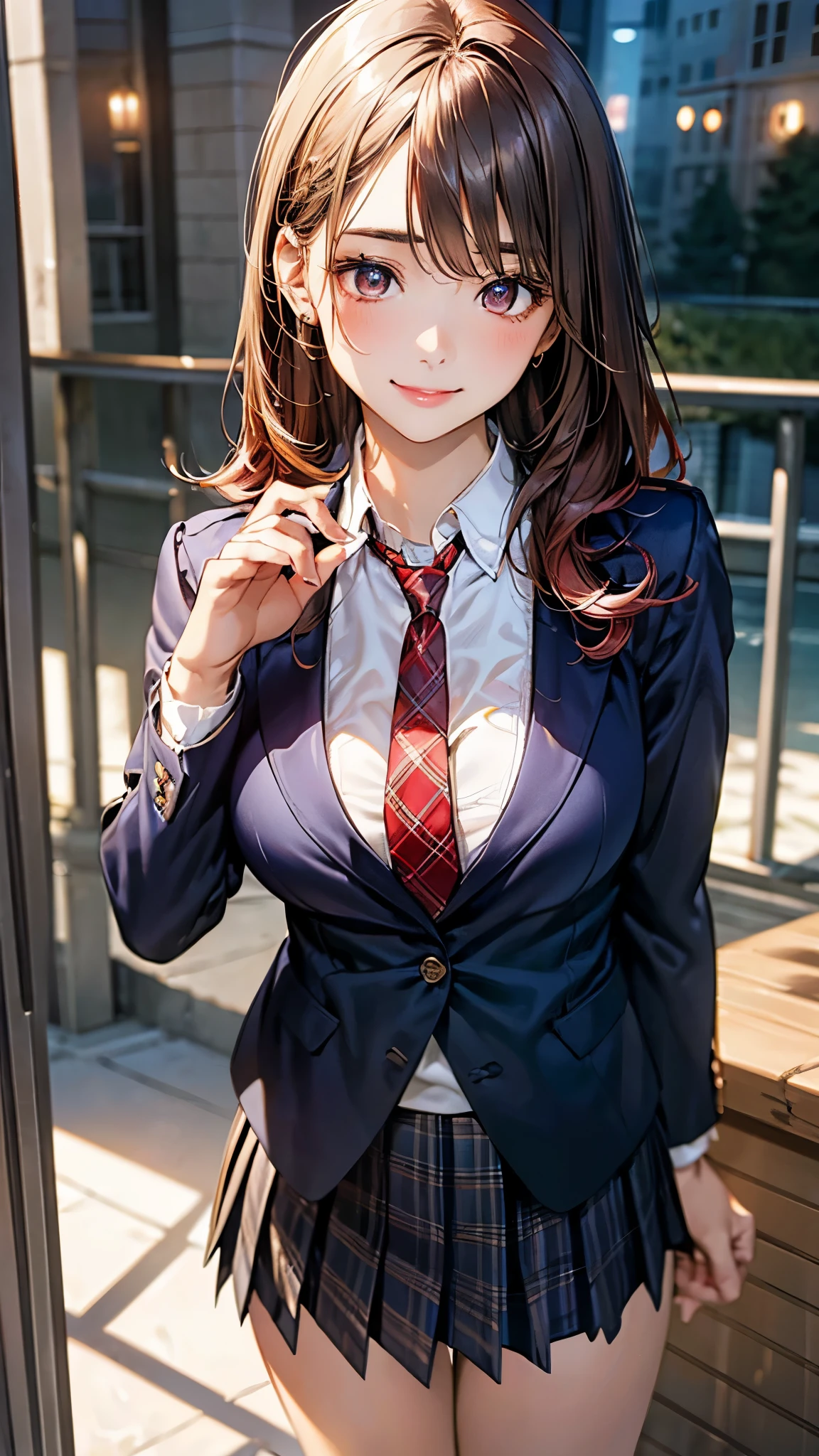 (masterpiece:1.2, top-quality), (realistic, photorealistic:1.4), beautiful illustration, (natural side lighting, movie lighting),
looking at viewer, cowboy shot, front view, 1 girl, japanese, high school girl, perfect face, cute and symmetrical face, shiny skin,
(middle hair:1.2, ((two side up:1.2)), brown hair), gold eyes, (large breasts:0.6, seductive thighs),
beautiful hair, beautiful face, beautiful detailed eyes, beautiful clavicle, beautiful body, beautiful chest, beautiful thigh, beautiful legs, beautiful fingers,
(((navy blazer, close blazer), white blouse shirt, light blue plaid pleated skirt, red ribbon tie), red hair ribbon),
(beautiful scenery), evening, classroom, sitting, (lovely smile, upper eyes),