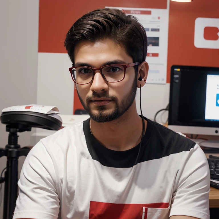 Create a 3D illustration featuring a realistic
20-year-old beautiful beared boy busy Developing
software in front of a 3D logo of "YouTube" The boy
wearing Red & white casual Shirts, with glasses, with
headphones, The background of the image should
showcase a social media profile page and the
username "DEEPAK CREATIONS" and a matching
profile picture and modify it according to your
perspective