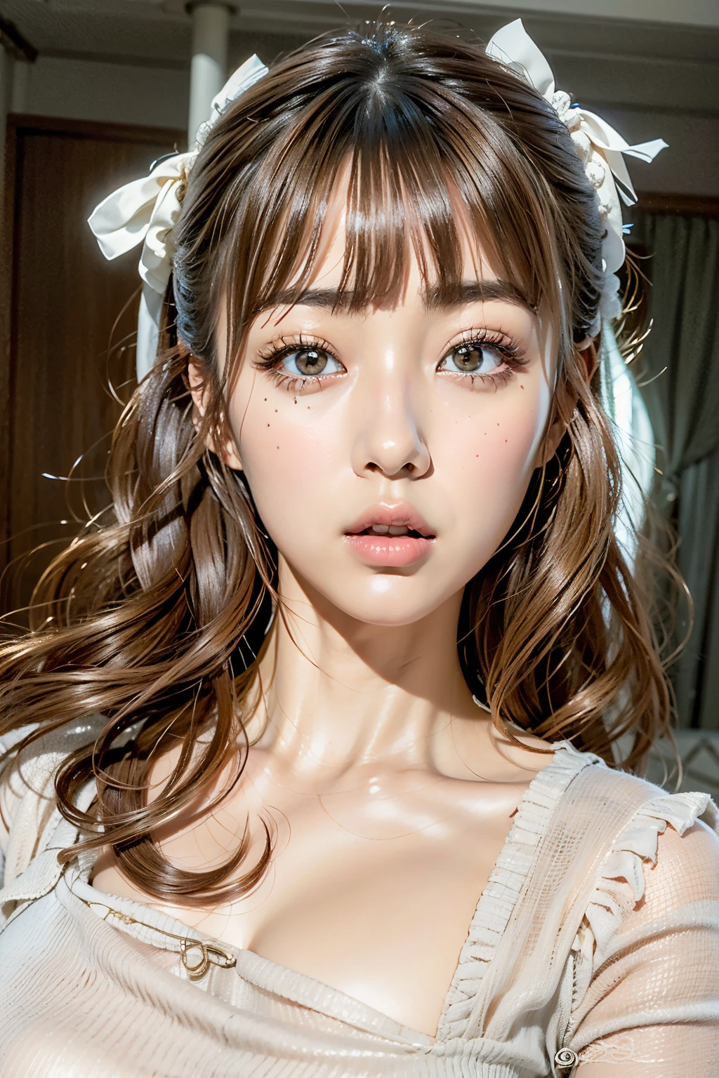 RAW photo, masterpiece, best quality, (1girl), 20yo, indoor, sunny window, maid costume, sexy maid, stunning beauty, portrait, sun light, nature light, happy, smile, long curly hair, messy hair