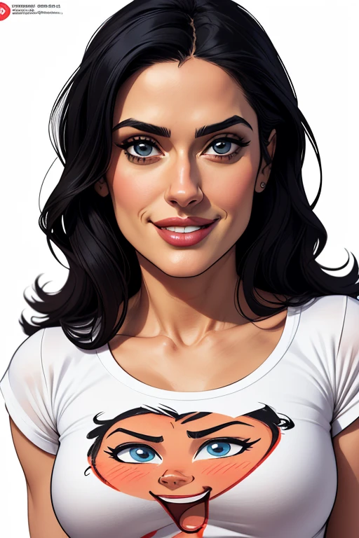 (cartoon style:1.2), Drawings of ([Salma Hayek]), portrait, wearing black t-shirt, short skirts, smile, perfect eyes, detailed face, white background, fun posing, flirty look, Centered, scale to fit the dimensions