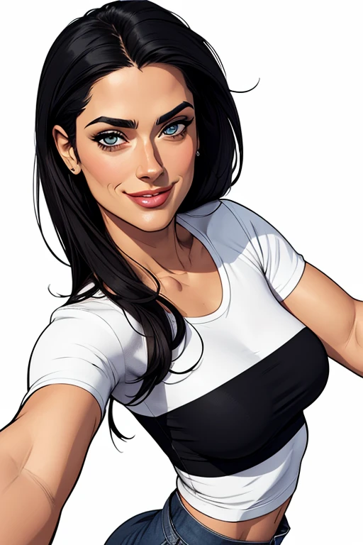 (cartoon style:1.2), Drawings of ([Salma Hayek]), portrait, wearing black t-shirt, short skirts, smile, perfect eyes, detailed face, white background, fun posing, flirty look, Centered, scale to fit the dimensions