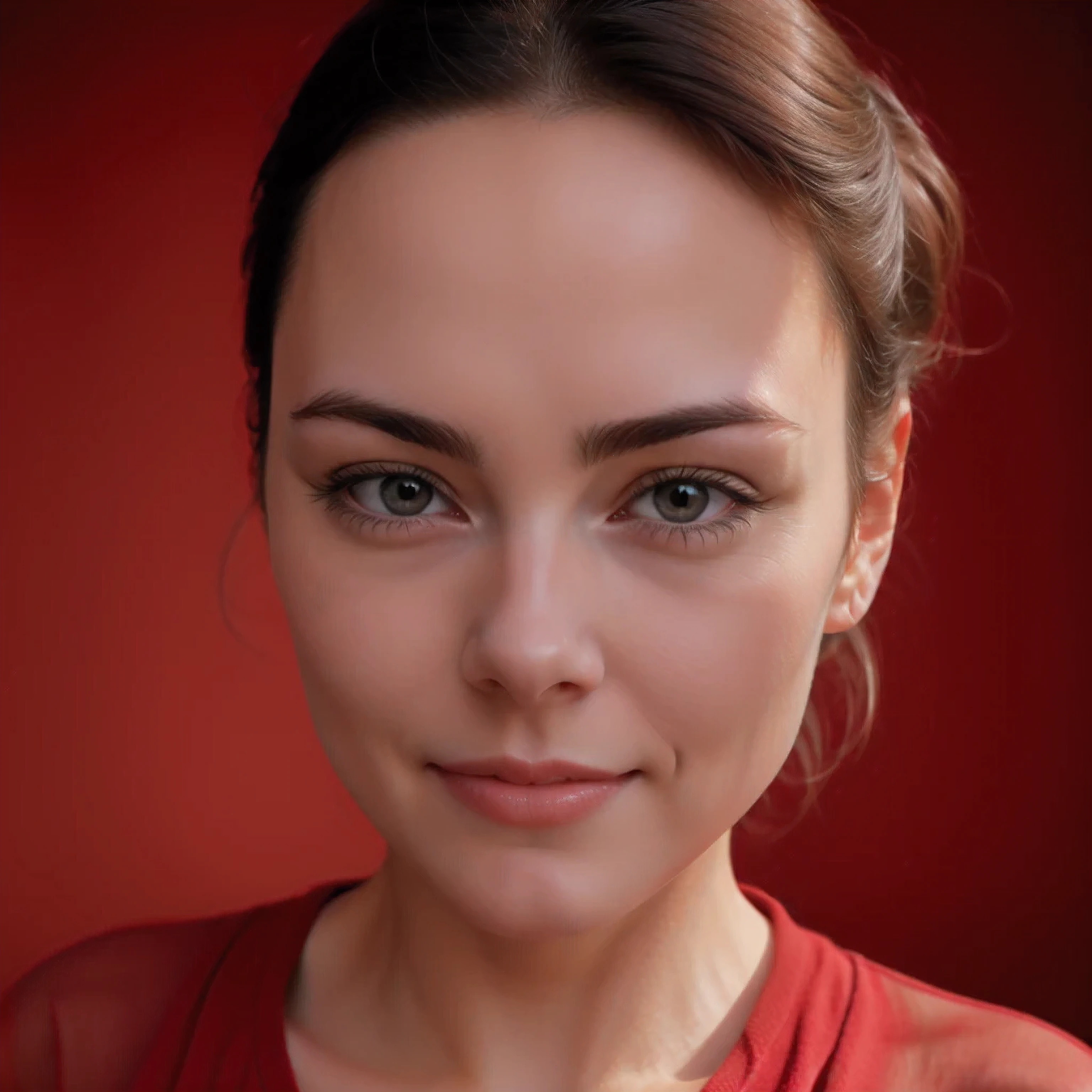 fashion close-up portrait of a gorgeous female in a red dress with blushes on her face and a shallow depth of field.