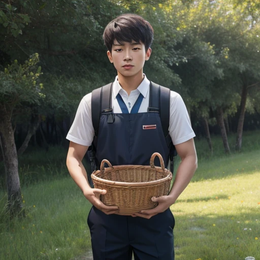 High resolution, Super detailed, masterpiece, highest quality,oriental、Thrift、boy working in the field、grassland、basket backpack、game poster、
