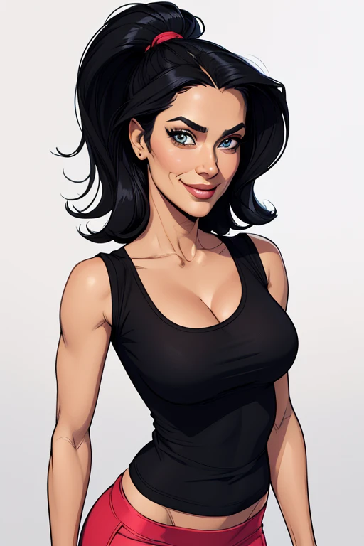 (cartoon style:1.2), Drawings of ([Salma Hayek]), portrait, wearing black t-shirt, short skirts, smile, perfect eyes, detailed face, white background, fun posing, flirty look, Centered, scale to fit the dimensions