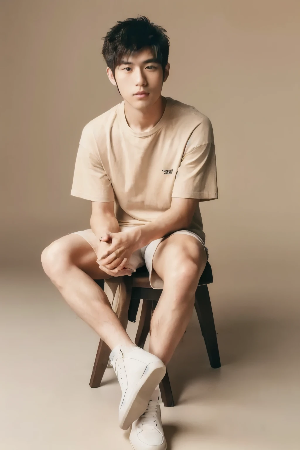 (super sharp focus), (((hairy legs))), hairy legs, toned legs, whole body, two block, Messy short hair, long legs, Japan male, 27 years old, wearing beige shorts, wearing a t-shirt, very short hair, black hair