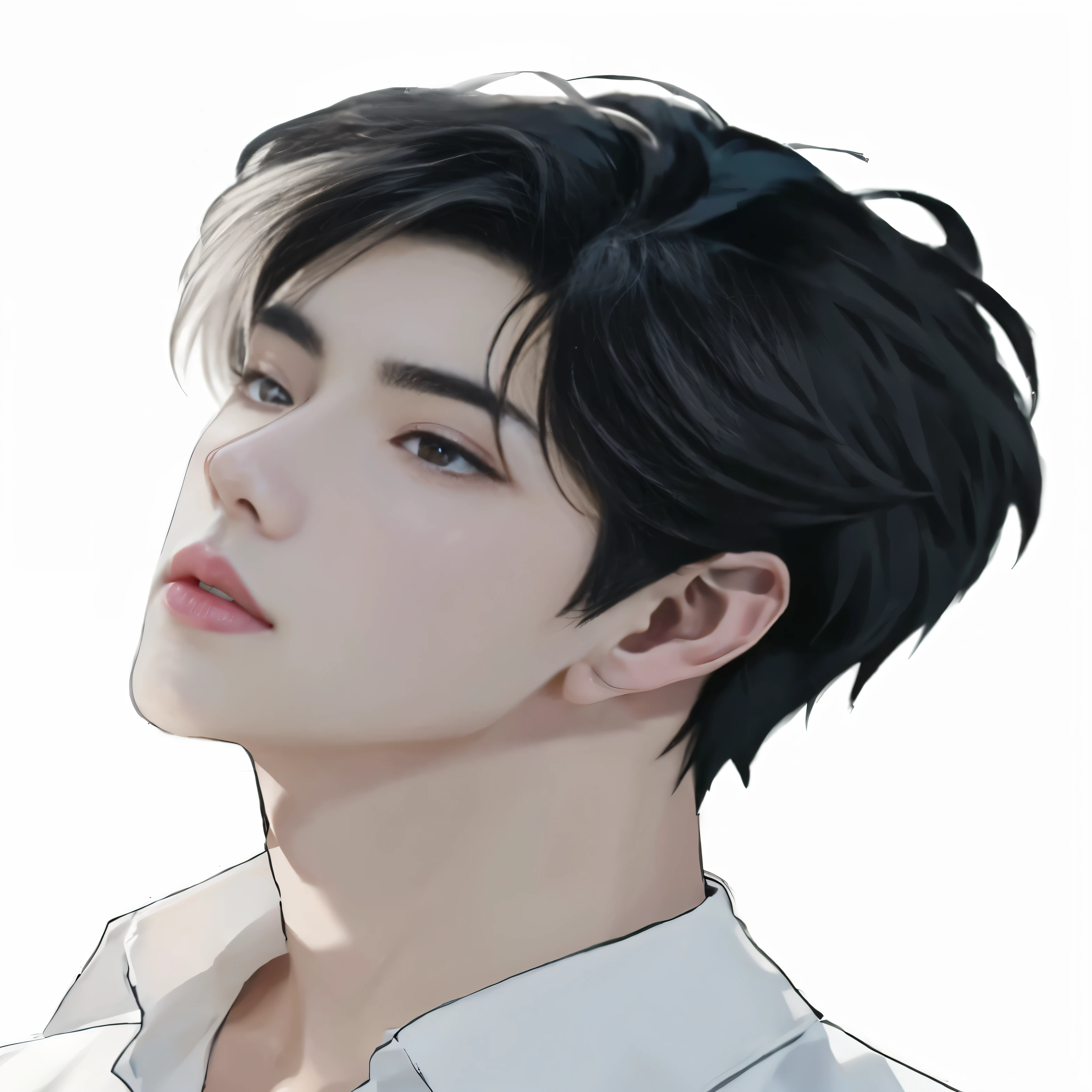 Drawing of a man with short black hair and a white shirt.., Anime images of handsome young men, Made with Anime Painter Studio.., Inspired by Bian Shoumin, The delicate androgynous prince, Inspiration from Yan Juncheng, beautiful androgynous prince, Inspiration from Zhang Han, Handsome anime boy, high quality fanart, Realistic anime style, Inspiration from Xiao Yunkong