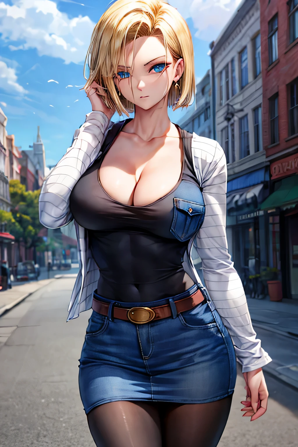 android 18, android 18, blonde hair, blue eyes, eyelash, hoop earrings, short hair, earrings, break belt, black legwear, black shirt, breast pocket, cleavage, clavicle, denim, denim skirt, high-waist skirt, jewelry, long sleeve, pocket, shirt, shirt tucked in, skirt, striped, striped sleeves, waistcoat,, break outdoors, city, null, cloud, sun, break looking at viewer, (cowboy shot:1.5), break (masterpiece:1.2), highest quality, High resolution, unity 8k wallpaper, (figure:0.8), (beautiful and fine eyes:1.6), highly detailed face, perfect lighting, Very detailed CG, (perfect hands, perfect anatomy)