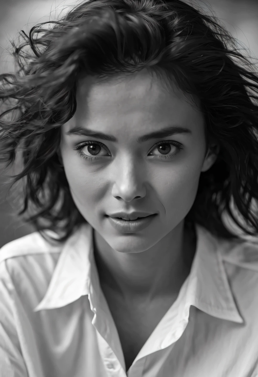 (一个穿着白衬衫的狂野美丽女孩的Black and white close-up), messy, fluffy, and curly medium-length hair, (Eyes are thin and small: 1.30), Slightly mixed face shape, A young and wild Asian face, (Keep your mouth shut，chuckle: 0.90), Slightly narrowed slender eyes, thick eyebrows, High and angular eyebrows, straight nose bridge, (Slightly square chin: 0.65), Lazy expression, A bit like Vivien Leigh, perfect face, skin is smooth and fair,
Black and white close-up, chiaroscuro, denim lenses, ultra high definition, masterpiece, Super details, high detail, high quality, Award-winning, best quality, High quality, 16k,
