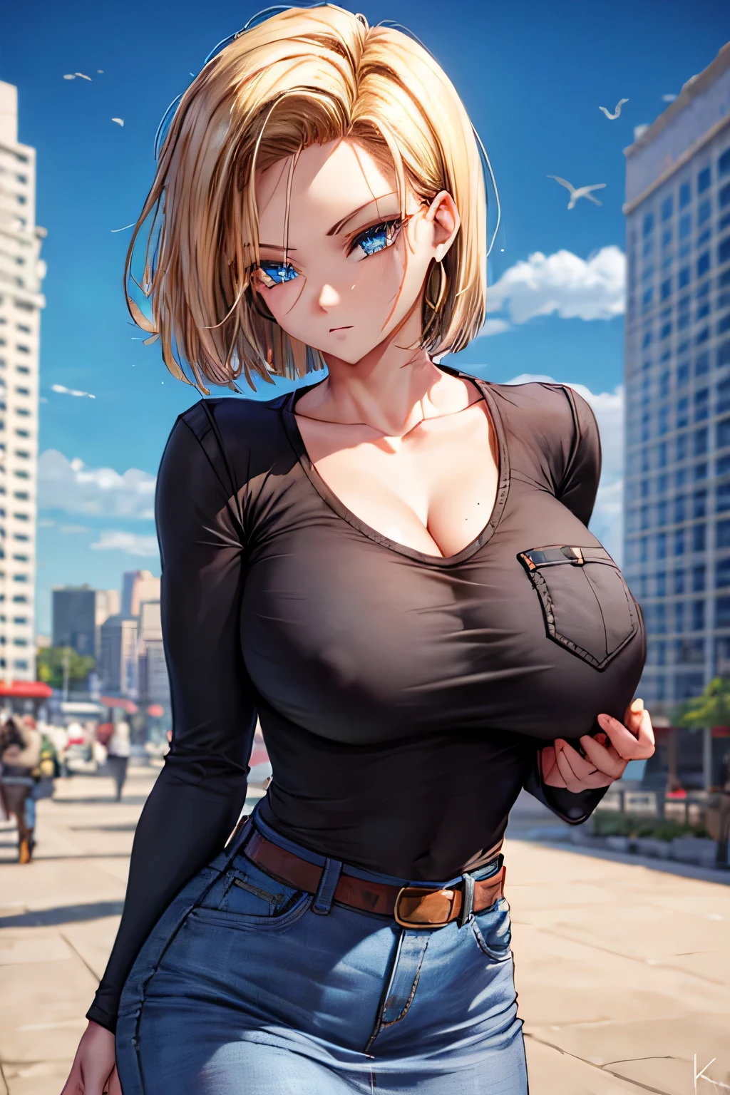 android 18, android 18, blonde hair, blue eyes, eyelash, hoop earrings, short hair, earrings, break belt, black legwear, black shirt, breast pocket, cleavage, clavicle, denim, denim skirt, high-waist skirt, jewelry, long sleeve, pocket, shirt, shirt tucked in, skirt, striped, striped sleeves, waistcoat,, break outdoors, city, null, cloud, sun, break looking at viewer, (cowboy shot:1.5), break (masterpiece:1.2), highest quality, High resolution, unity 8k wallpaper, (figure:0.8), (beautiful and fine eyes:1.6), highly detailed face, perfect lighting, Very detailed CG, (perfect hands, perfect anatomy)
