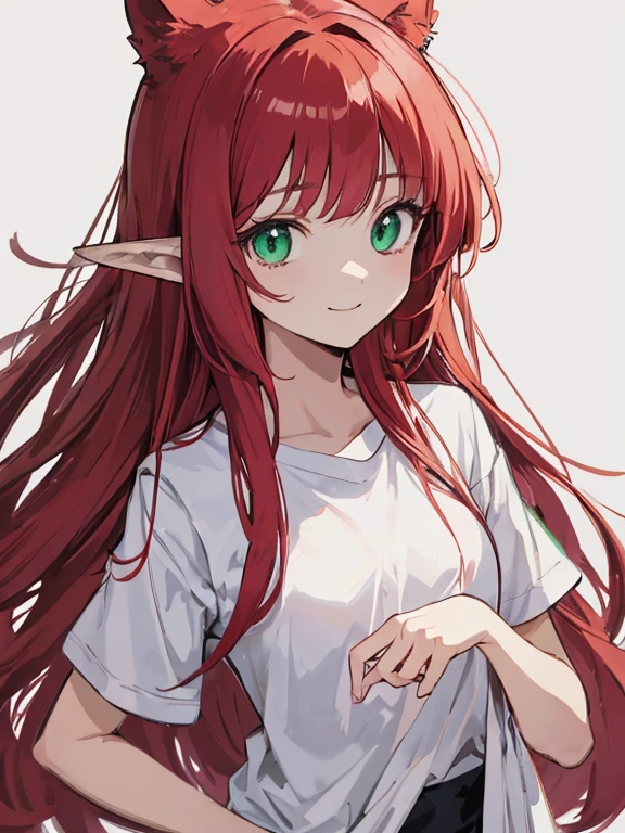 one girl,best quality,ultra-detailed, Long hair,hair color dark red,elf-like ears, deep green-eyed girl anime, wearing an archaic smile, tranquil expression, Seems timid,flat anime-style shading, vector-shaded anime, cute natural anime face, subtle anime style, cute anime face, her wearing white Tshirt, bust up,