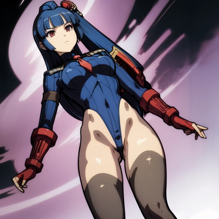 ultra-detailed, Explicit, Beautiful body, Beautiful Nose, Beautiful character design, perfect eyes, perfect face, ultra highres, 4K, beautiful legs, perfect legs, Nice hands, Perfect hand, Masterpiece, Best Quality, Highly detailed, illustration, absurdres, perfect anatomy, street fighter, doll suit, shadaloo doll, dollsuit, girls, multiple girls, expressionless, blank eyes, looking at viewer, red gloves, emotionless, black latex, corrution, mind control, female combatant, full body, hypnotized, unhappy trance, full body suit, ribbed bodysuit, both arms at side, obey, perfect female body, extremely glossy latex, hypnosis, hypnoLora, empty eyes, Mind control device, poses, submissive_pose, Slave, hat, necktie, stand up straight, standing, standing at attention, hat, necktie, belt, latex, ribbed bodysuit, thighhighs, garter belt, Fighting Stance, extending the right arm from the shoulder into the air with a straightened hand, military, thigh boots, 1girl, Solo, Blue hair, long hair, hair ornaments, Hozoin Inshun, Hyakka Ryouran, red eyes