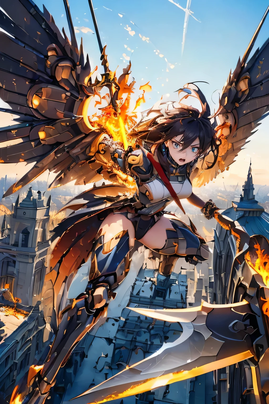 (((battle, mechanical, complex body, she attacks using a giant axe))), lost pupils, drooping eyes, open legs, (thin thighs), (flying above the city), flame, ((destroying the city)), she has many wings,