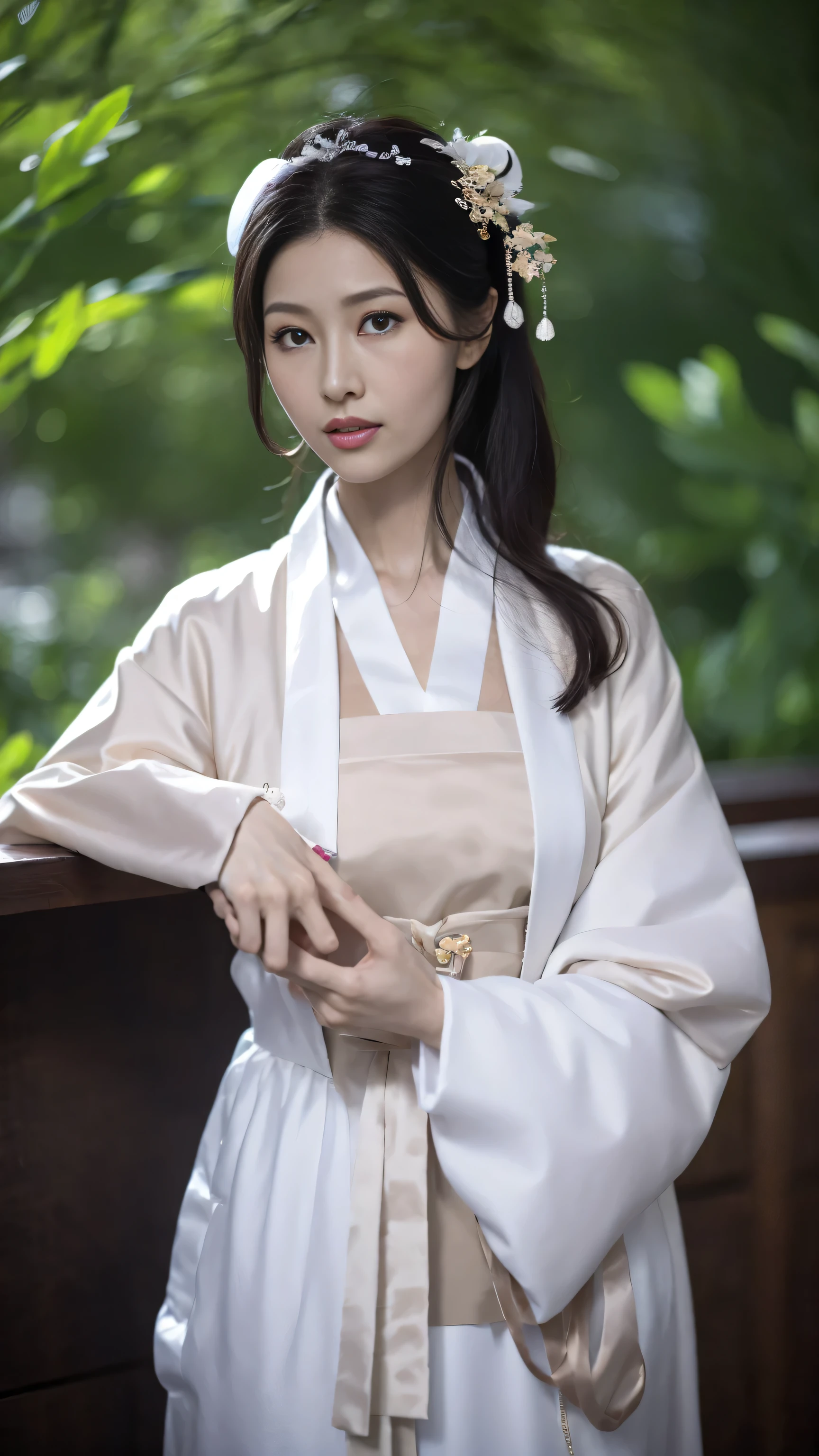 （1 18-year-old female fashion model）， [[[[close up]]]], [[[[]]]], [[[[neck]]]], [[[[Shoulder]]]], perfect eyes, perfect iris，perfect lips，perfect teeth，perfect skin，White skin，Soft headlight，high-density imaging review，girl，((white hanfu))，((Chinese women'hairstyle))，(Various dynamic poses)，Background chinese style interior decoration，Outside the window are green trees and mountains，quality， masterpiece， ultra high resolution，（lifelike： 1.4）， original photo，（超级lifelike细节））， best quality，（pastel colors：1.2）