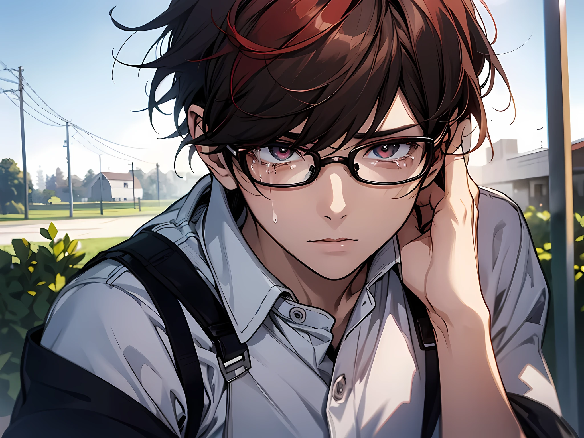 1 boy, wearing glasses, wearing white shirt, red hair, black hair, short hair, crying, victim of bullying, standing, face to detail, detailed eyes, the background is school yard, full-body illustration