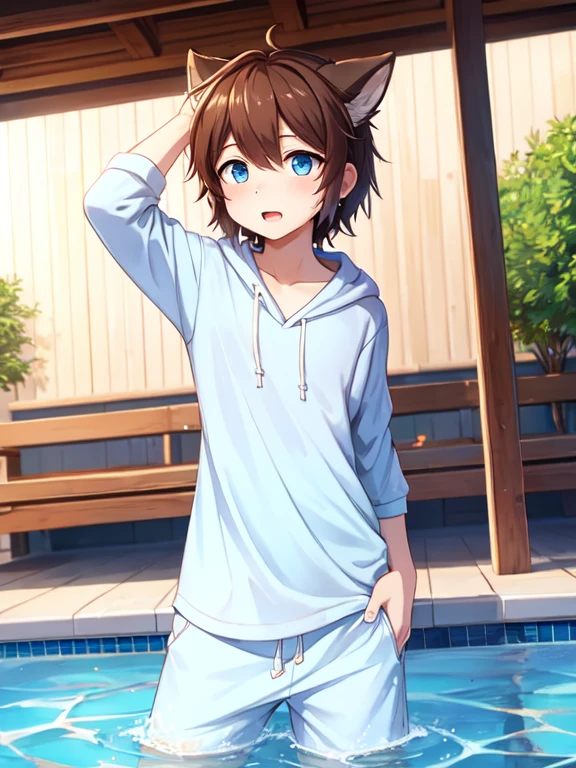 swimming pool,boy,baggy clothes,wet clothes,wet fur,blue eyes