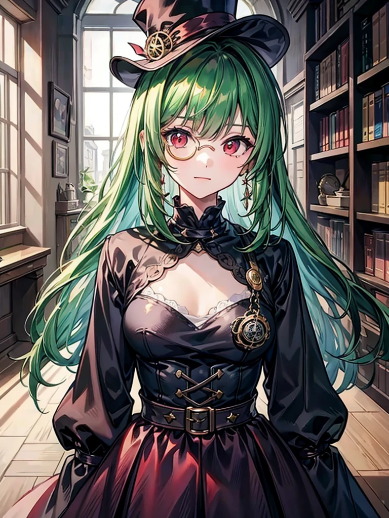 (((masterpiece、Highest image quality、highest quality、highly detailed unity 8kwallpaper)))、((Illustration of one girl、upper body))、(((beautiful girl)))、(librarian)、(Emerald green hair、sidelocks:1.2、red eyes)、(((crazy smile)))、(((flat chest)))、(monocle)、pocket watch、(((Black top hat、Black tuxedo)))、great medieval library