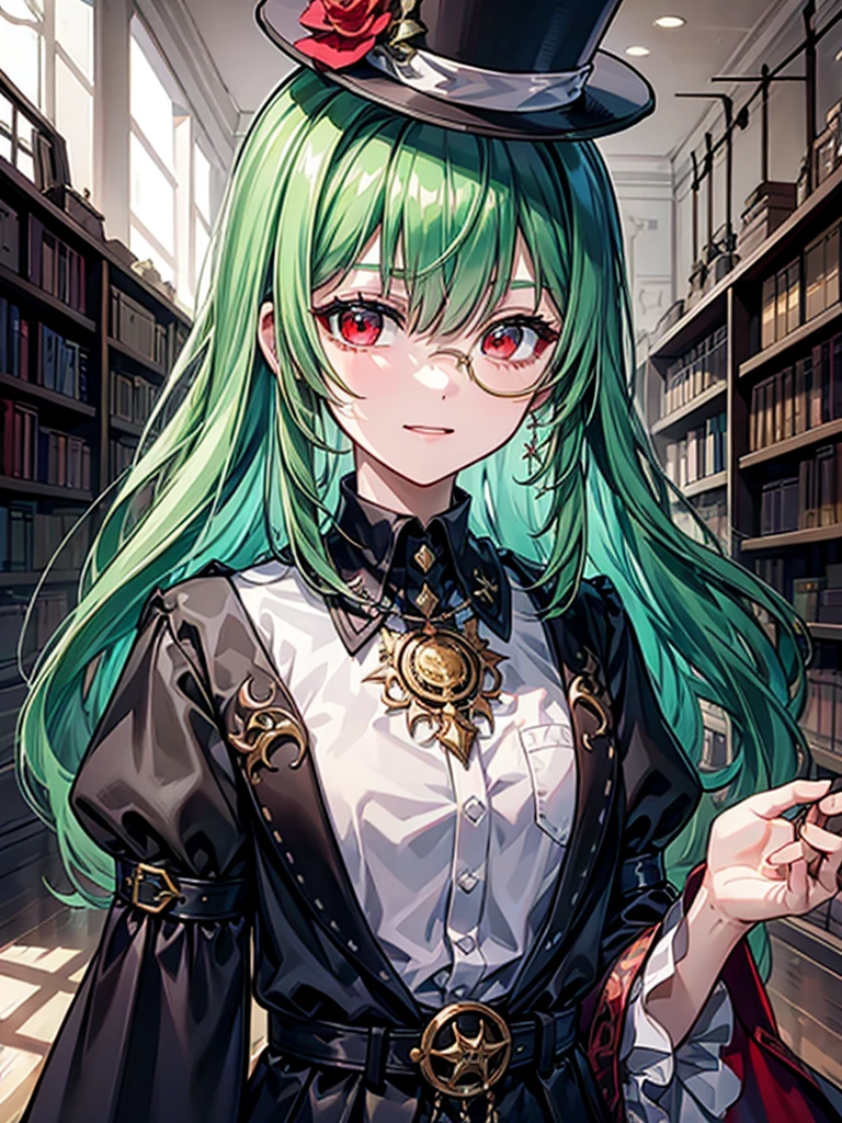 (((masterpiece、Highest image quality、highest quality、highly detailed unity 8kwallpaper)))、((Illustration of one girl、upper body))、(((beautiful girl)))、(librarian)、(Emerald green hair、sidelocks:1.2、red eyes)、(((crazy smile)))、(((flat chest)))、(monocle)、pocket watch、(((Black top hat、Black tuxedo)))、great medieval library