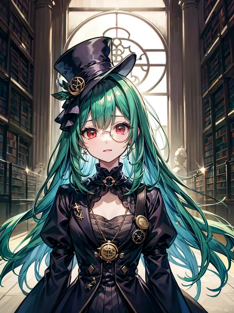 (((masterpiece、Highest image quality、highest quality、highly detailed unity 8kwallpaper)))、((Illustration of one girl、upper body))、(((beautiful girl)))、(librarian)、(Emerald green hair、sidelocks:1.2、red eyes)、(((crazy smile)))、(((flat chest)))、(monocle)、pocket watch、(((Black top hat、Black tuxedo)))、great medieval library