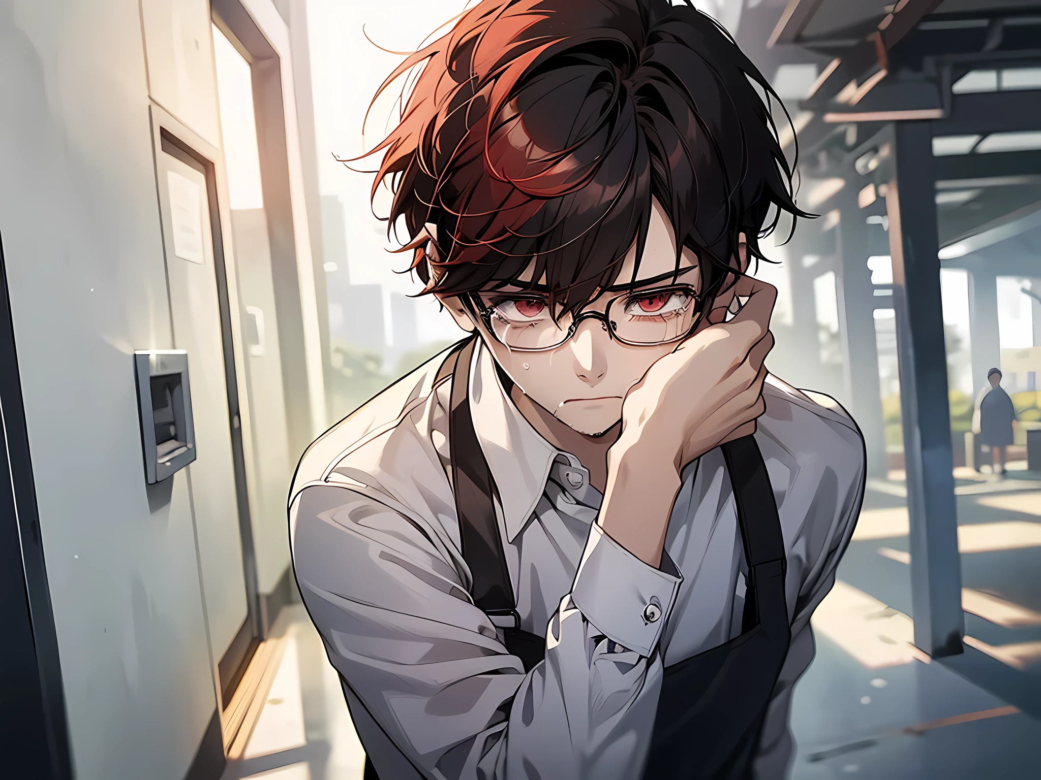 1 boy, wearing glasses, wearing white shirt, red hair, black hair, short hair, crying, victim of bullying, standing, face to detail, detailed eyes, the background is school yard, half-body illustration