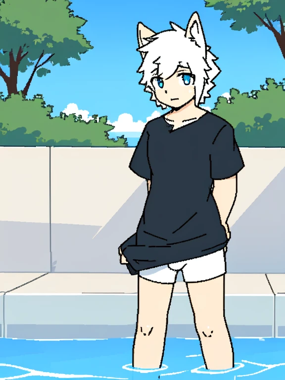 swimming pool,boy,baggy clothes,wet clothes,wet fur,blue eyes