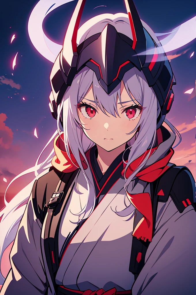 woman, grey kimono, wearing kabuto war helmet, purple clouds, long grey hair, red glowing eyes, wearing torn silk scarf