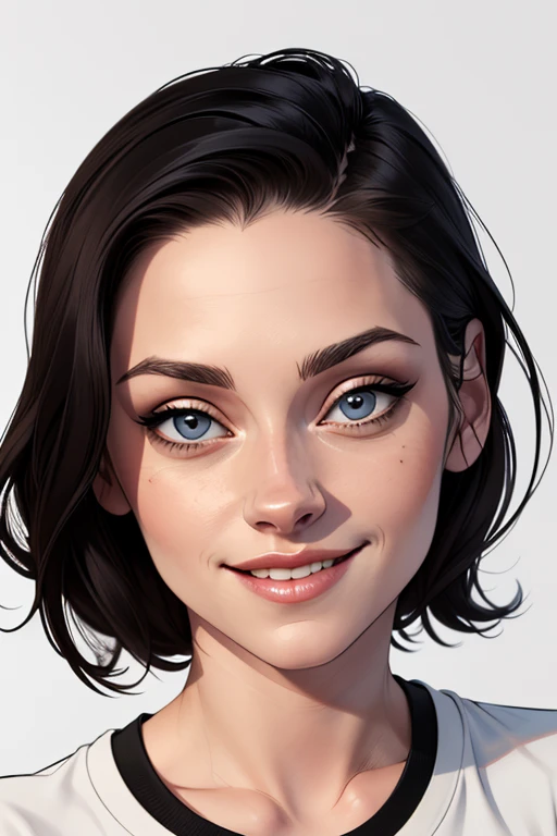 (cartoon style:1.2), Drawings of ([Kristen Stewart]), portrait, wearing black t-shirt, short skirts, smile, perfect eyes, detailed face, white background, fun posing, flirty look, Centered, scale to fit the dimensions