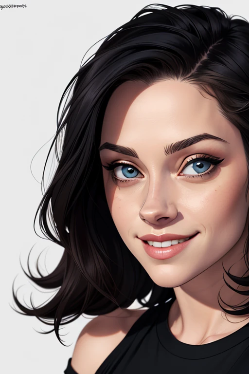 (cartoon style:1.2), Drawings of ([Kristen Stewart]), portrait, wearing black t-shirt, short skirts, smile, perfect eyes, detailed face, white background, fun posing, flirty look, Centered, scale to fit the dimensions