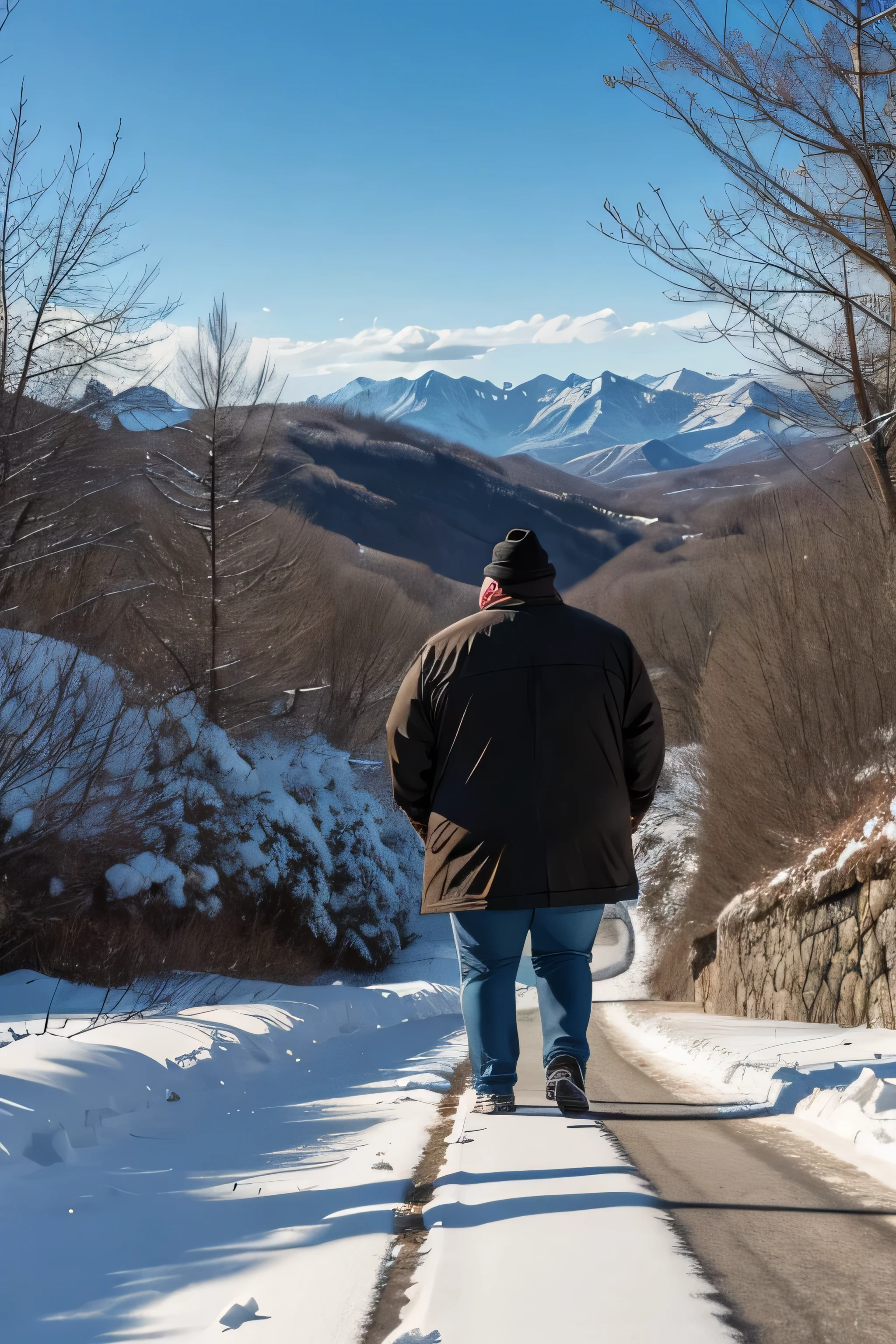 fat man walking through the city of Kentucky in the middle of winter, the man is very cold, se puede un letrero con la palabra KENTUCKY