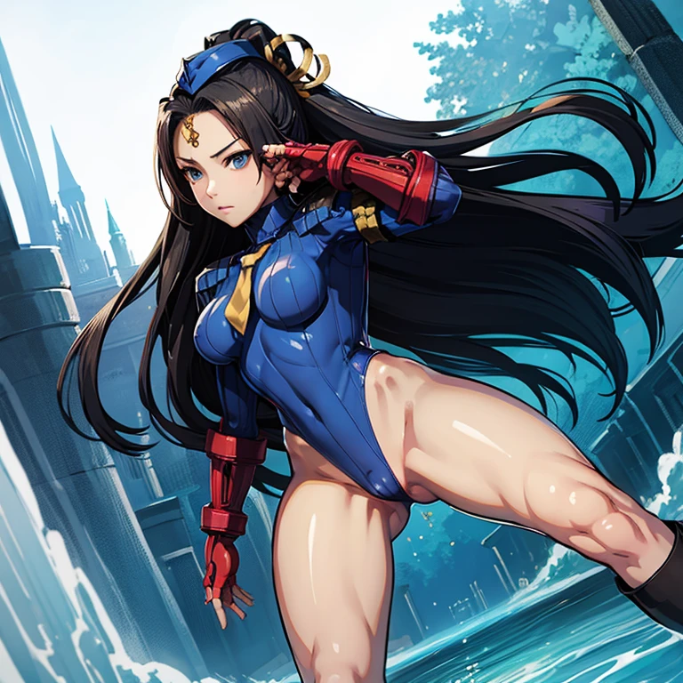 ultra-detailed, Explicit, Beautiful body, Beautiful Nose, Beautiful character design, perfect eyes, perfect face, ultra highres, 4K, beautiful legs, perfect legs, Nice hands, Perfect hand, Masterpiece, Best Quality, Highly detailed, illustration, absurdres, perfect anatomy, street fighter, doll suit, shadaloo doll, dollsuit, expressionless, blank eyes, looking at viewer, red gloves, emotionless, black latex, corrution, mind control, female combatant, full body, hypnotized, unhappy trance, full body suit, ribbed bodysuit, both arms at side, obey, perfect female body, extremely glossy latex, hypnosis, hypnoLora, empty eyes, Mind control device, poses, submissive_pose, Slave, hat, necktie, stand up straight, standing, standing at attention, hat, necktie, belt, latex, ribbed bodysuit, thighhighs, garter belt, Fighting Stance, extending the right arm from the shoulder into the air with a straightened hand, military, thigh boots, 1girl, Solo, black hair, long hair, hair ornaments, blue eyes, Lady Hayakawa, samurai warriors 4