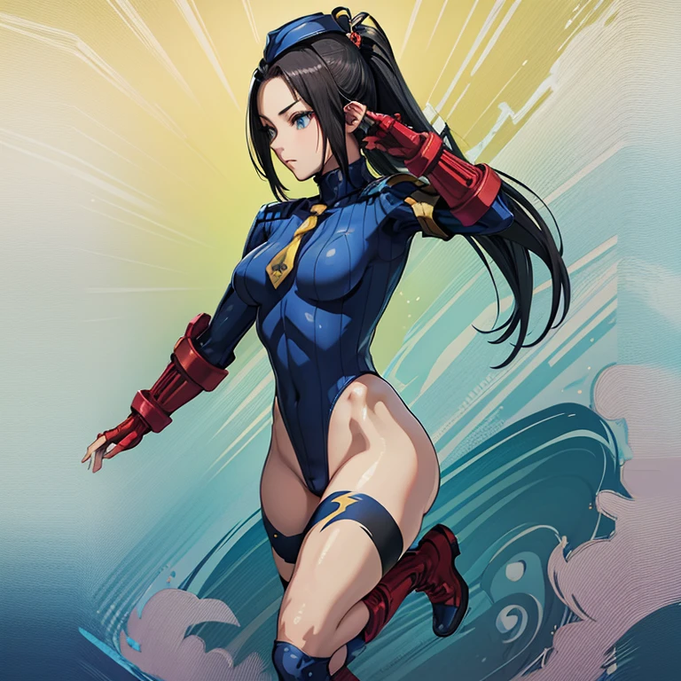 ultra-detailed, Explicit, Beautiful body, Beautiful Nose, Beautiful character design, perfect eyes, perfect face, ultra highres, 4K, beautiful legs, perfect legs, Nice hands, Perfect hand, Masterpiece, Best Quality, Highly detailed, illustration, absurdres, perfect anatomy, street fighter, doll suit, shadaloo doll, dollsuit, expressionless, blank eyes, looking at viewer, red gloves, emotionless, black latex, corrution, mind control, female combatant, full body, hypnotized, unhappy trance, full body suit, ribbed bodysuit, both arms at side, obey, perfect female body, extremely glossy latex, hypnosis, hypnoLora, empty eyes, Mind control device, poses, submissive_pose, Slave, hat, necktie, stand up straight, standing, standing at attention, hat, necktie, belt, latex, ribbed bodysuit, thighhighs, garter belt, Fighting Stance, extending the right arm from the shoulder into the air with a straightened hand, military, thigh boots, 1girl, Solo, black hair, long hair, hair ornaments, blue eyes, Lady Hayakawa, samurai warriors 4