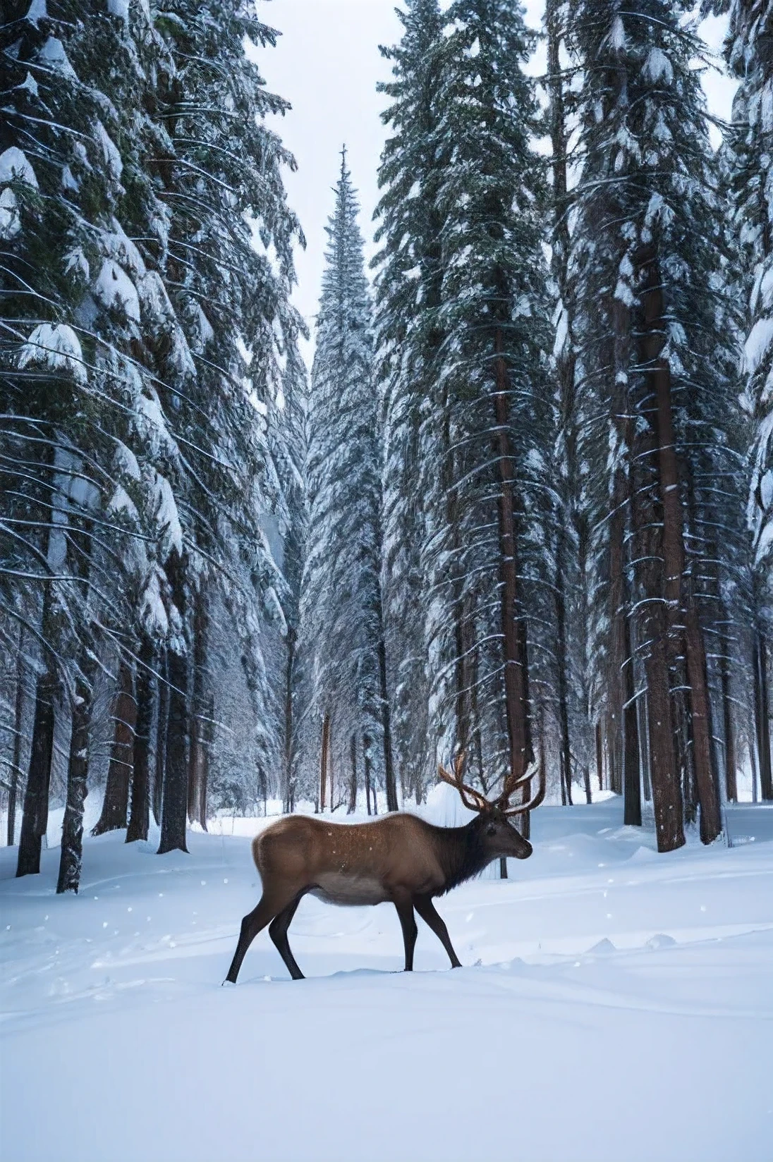 Elk in winter snow forest
