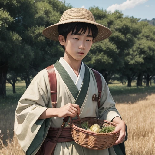  High resolution, Super detailed, masterpiece, highest quality,oriental、Thrift、boy working in the field、grassland、basket bag、dressed in ancient Japanese clothes、