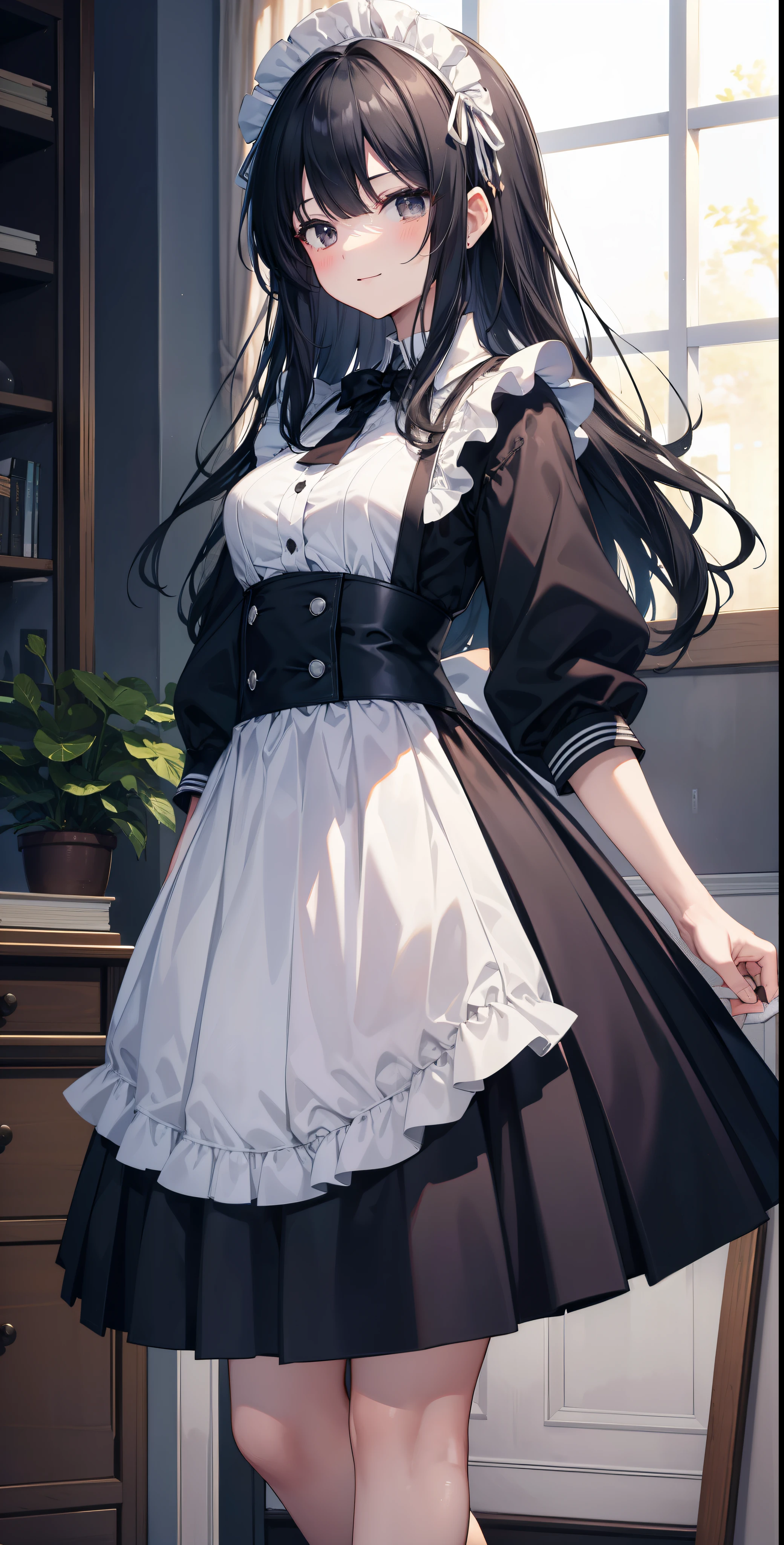 masterpiece, highest quality, High resolution, KR1, black eye, smile, fringe, Classic Maid Clothing, long skirt, pleated skirt, small breasts, longblackhair, cowboy shot,RPG servant,game home keeper,