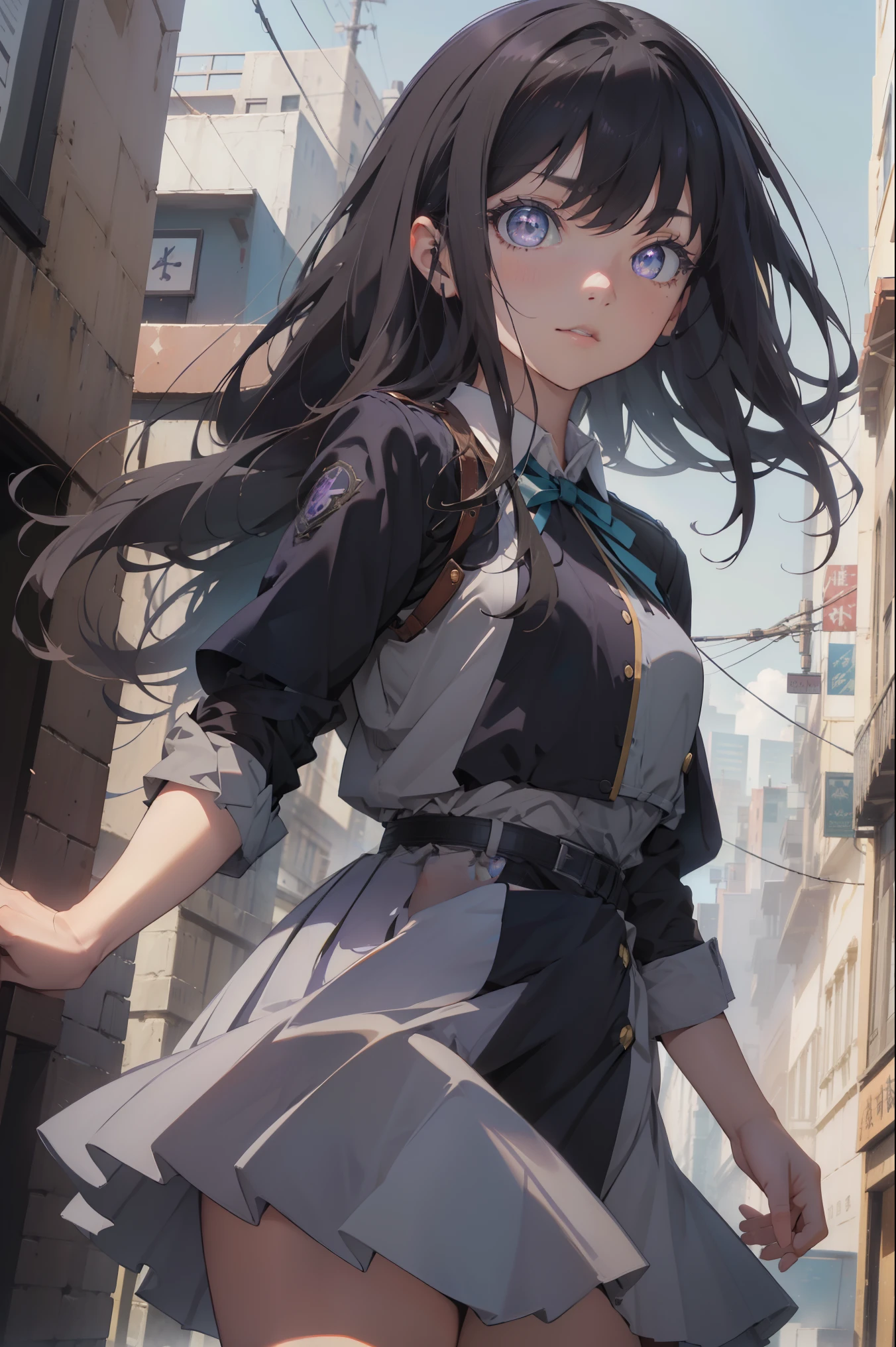 takinainoue, inoue takina, long hair, bangs, black hair, (purple eyes:1.2), BREAK shirt, long sleeves, dress, ribbon, school uniform, white shirt, collared shirt, belt, neck ribbon, blue dress, green ribbon, pleated dress, grey dress, two-tone dress, blue belt, lycoris uniform, BREAK outdoors, city, BREAK (masterpiece:1.2), best quality, high resolution, unity 8k wallpaper, (illustration:0.8), (beautiful detailed eyes:1.6), extremely detailed face, perfect lighting, extremely detailed CG, (perfect hands, perfect anatomy),