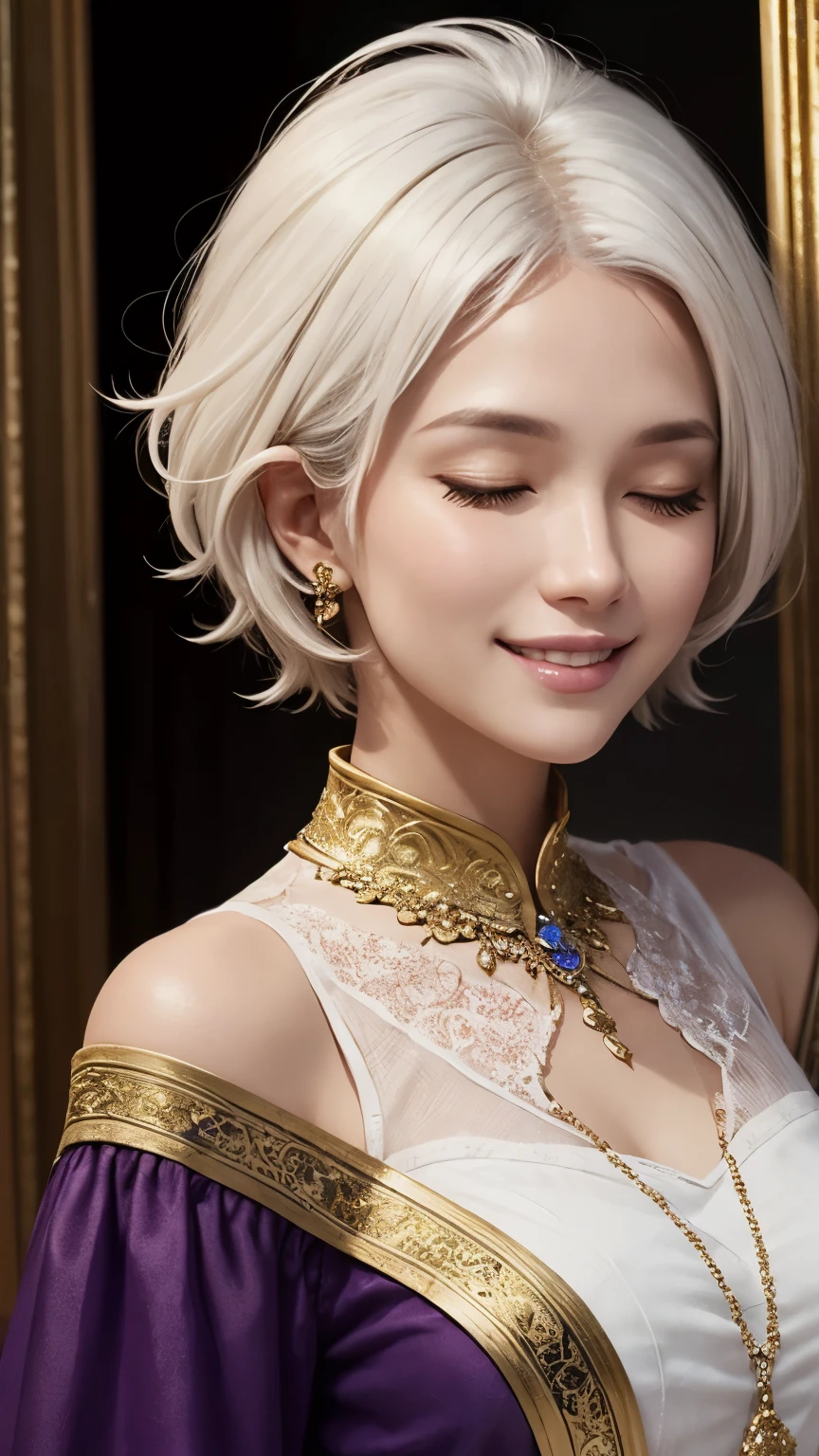 ((A beauty cleric with short white hair)), big smiling, (((Closed eyes))), Purple and golden clothes color, Facing at the viewer, (Half body photoshoot, Detailed eyes, Light Makeup, Masterpiece)