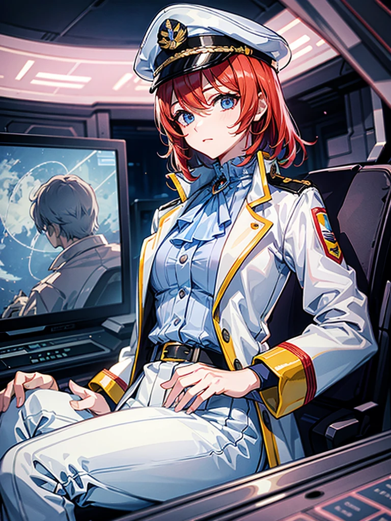 (((masterpiece、Highest image quality、highest quality、highly detailed unity 8kwallpaper)))、(Illustration of one woman、Beauty、30 years old)、(Viceroy)、((Red-haired shorthair、sidelocks、blue eyes))、((tall、stocky build, thickset physique, muscular legs, broad shoulders, solid chest))、((Military uniforms、Military Cap、Military coat))、(white clothes、White pants、white hat)、trench coat、(((manspreading、Sitting in the captain's seat)))、(((Inside a futuristic spaceship、Surrounded by instruments and monitors、The Universe on the Monitor、Earth seen from space)))
