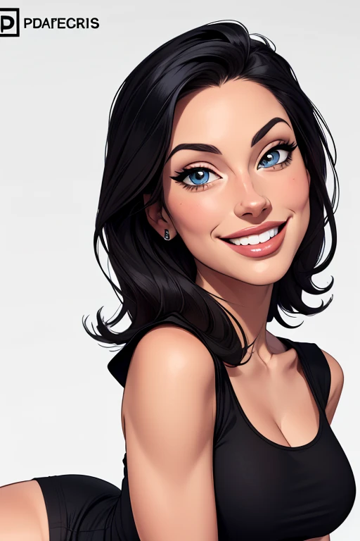 (cartoon style:1.2), Drawings of ([Kelly Brook]), portrait, wearing black t-shirt, short skirts, smile, perfect eyes, detailed face, white background, fun posing, flirty look, Centered, scale to fit the dimensions
